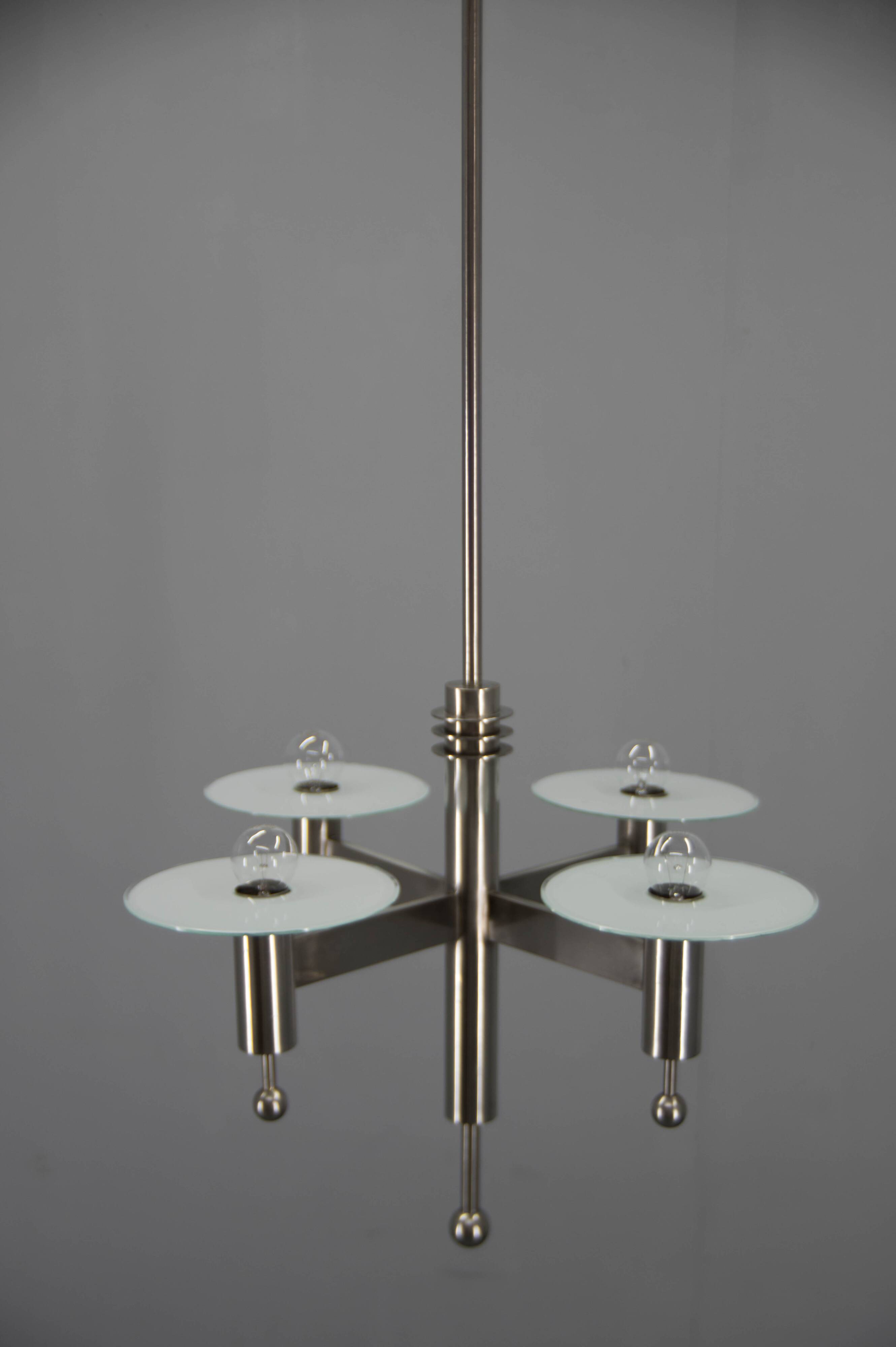 Machine Age Nickel-Plated 4-Flamming Chandelier, 1920s
