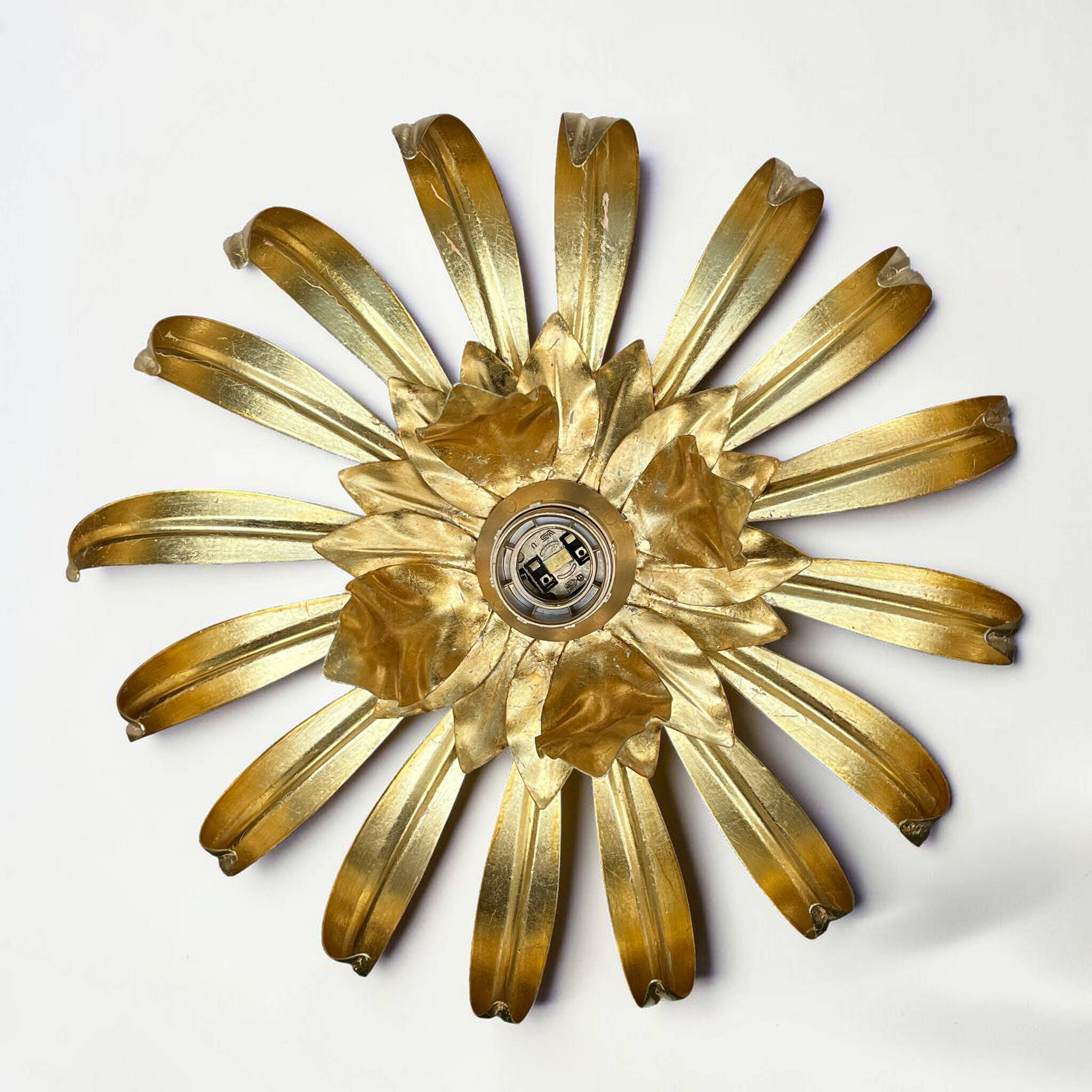 Vintage gold leaf metal wall light flower applique