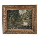 Antique original swan oil painting, signed garden landscape wall art