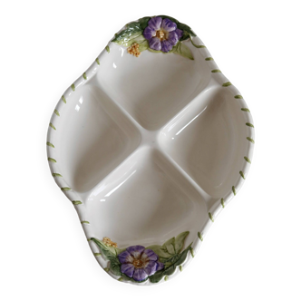 Vintage barbotine aperitif dish with compartments and flower details