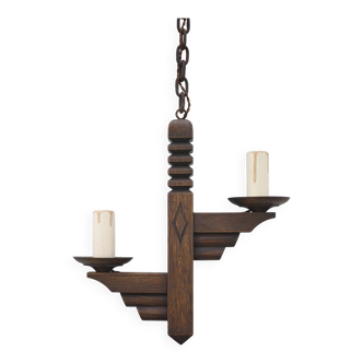Wooden pendant light, vintage pendant light, 2-light wooden hanging lamp, Gothic
