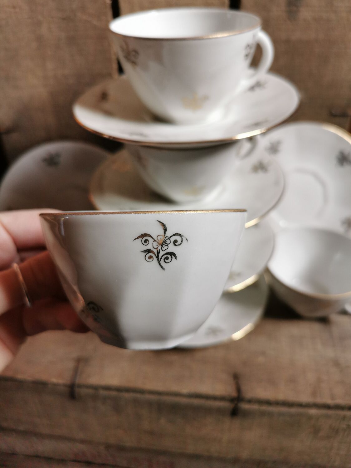 Vintage porcelain cups, white & gold