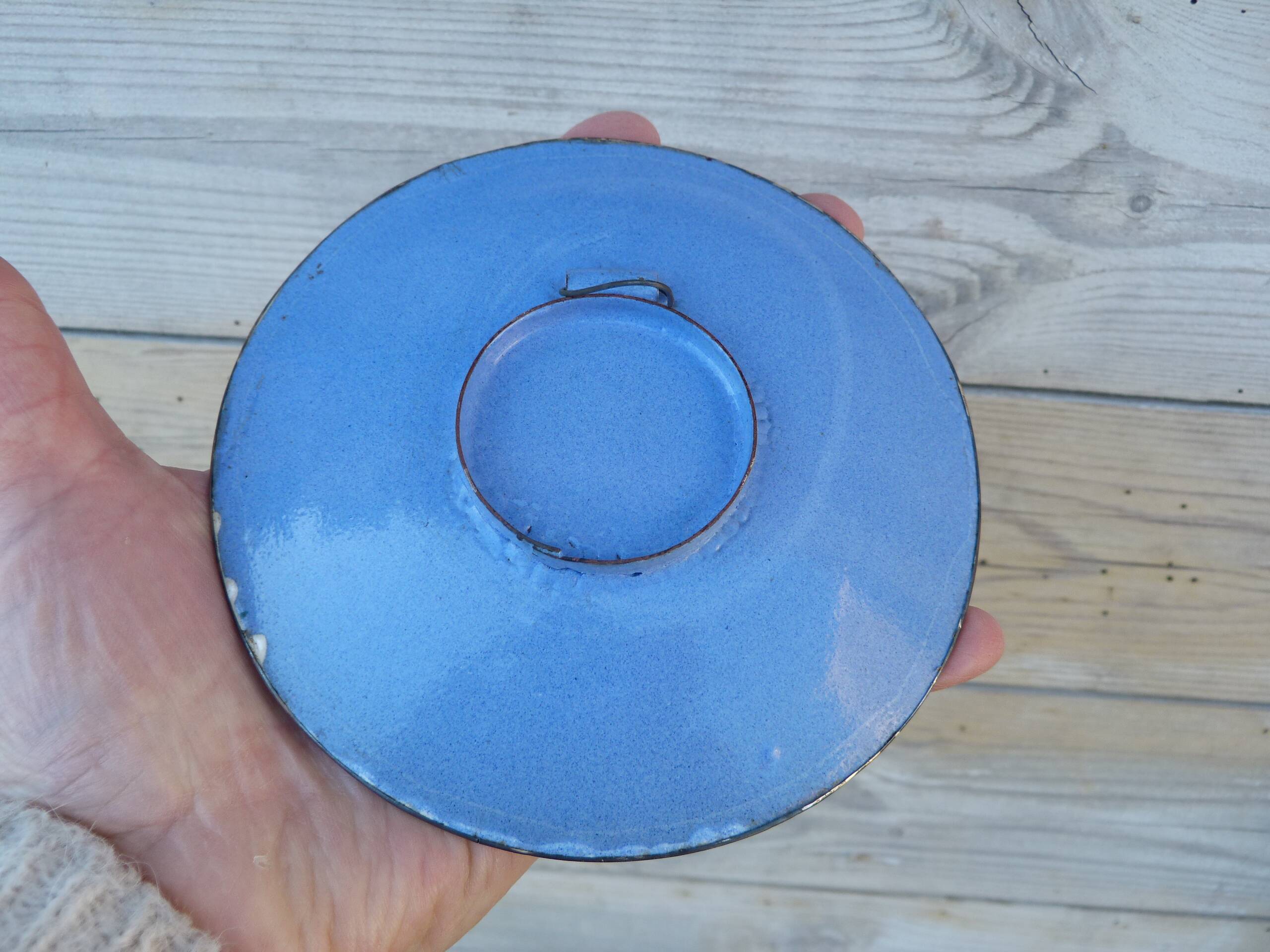 Decorative plate in blue enameled metal with bird motifs