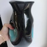 free-form design vase in black and blue ceramic from the 70s