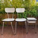 Pair of white formica chairs and stool