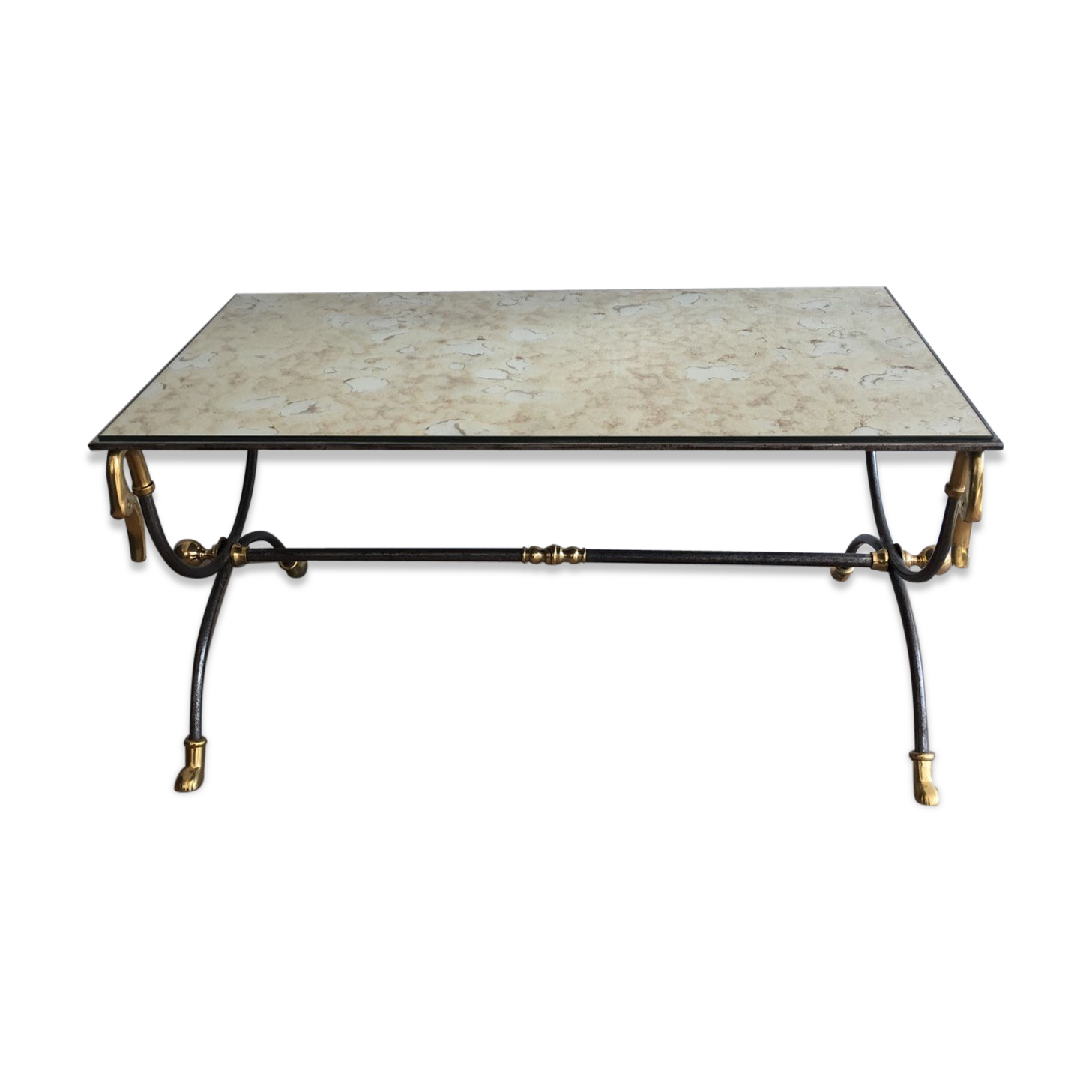 Coffee table in brushed steel and brass