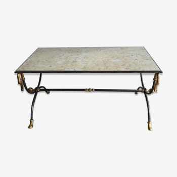 Coffee table in brushed steel and brass