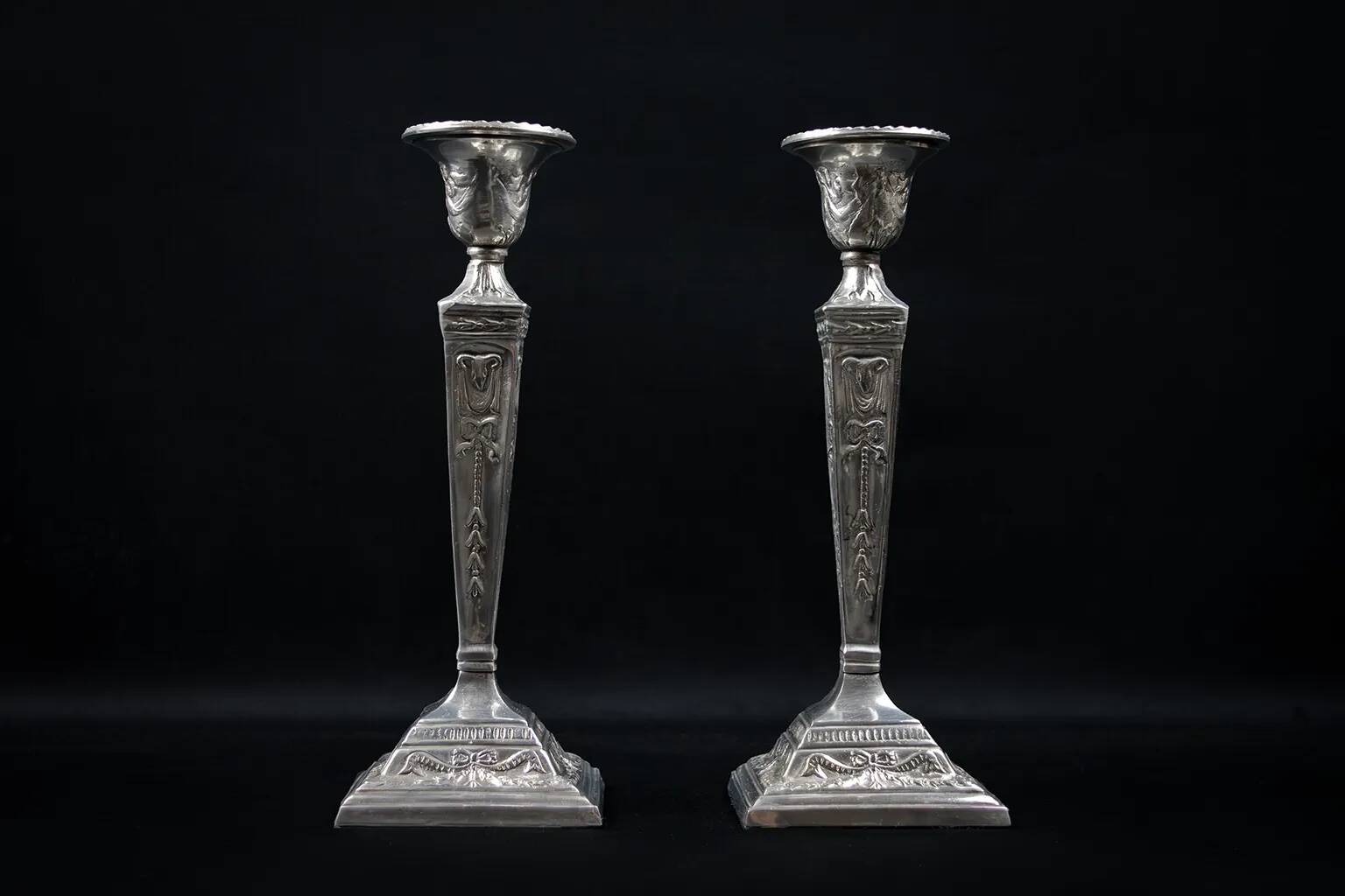 Pair of Neoclassical Victorian Silver Plated Candlesticks