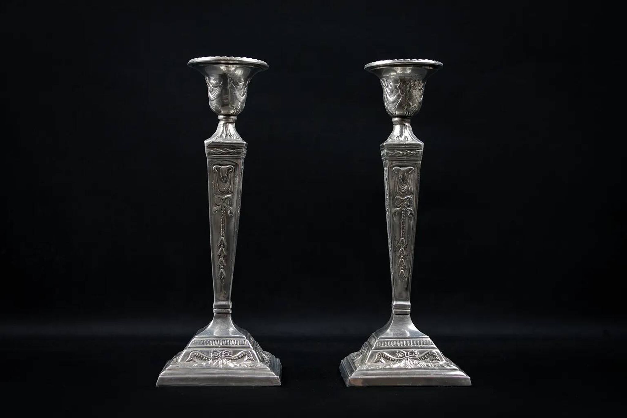 Pair of Neoclassical Victorian Silver Plated Candlesticks