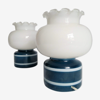 Paire de lampes opaline bleu canard et blanc