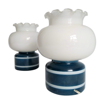 Pair of duck blue and white opaline lamps