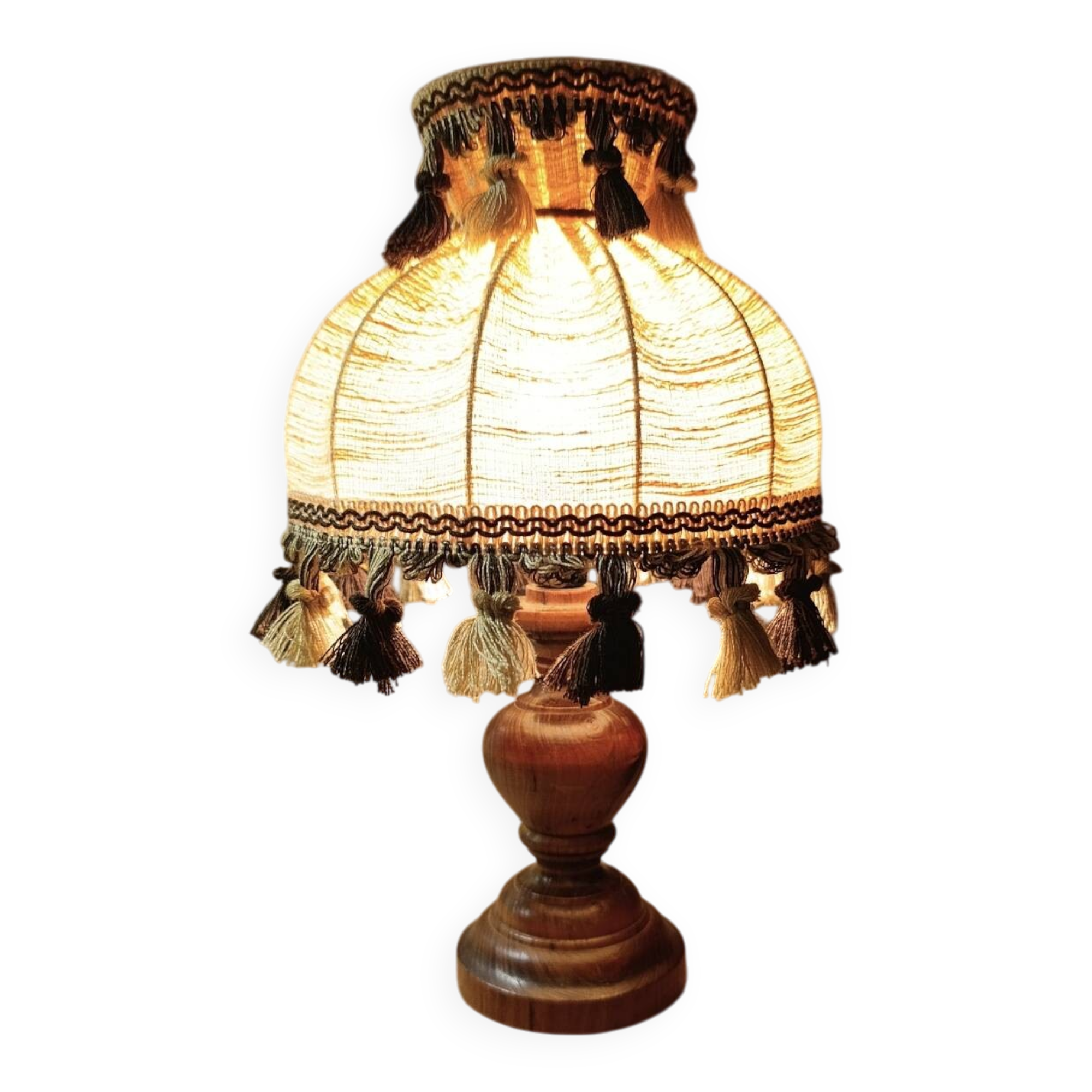 Wood bedside lamp with dome shade in granny chic style.