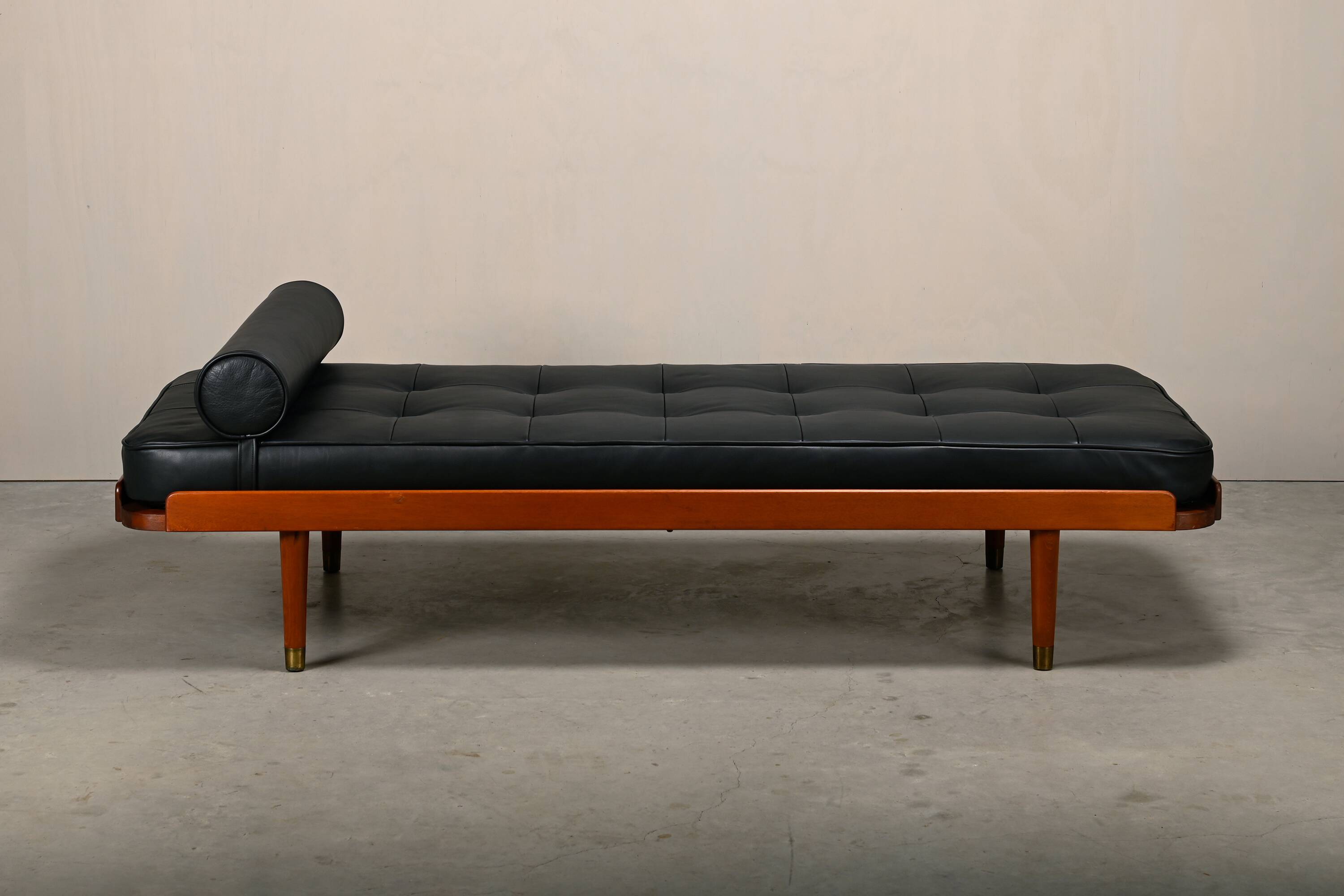 Scandinavian Daybed in Teak and Black Leather attributed to Horsens Møbelfa