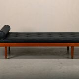 Scandinavian Daybed in Teak and Black Leather attributed to Horsens Møbelfa