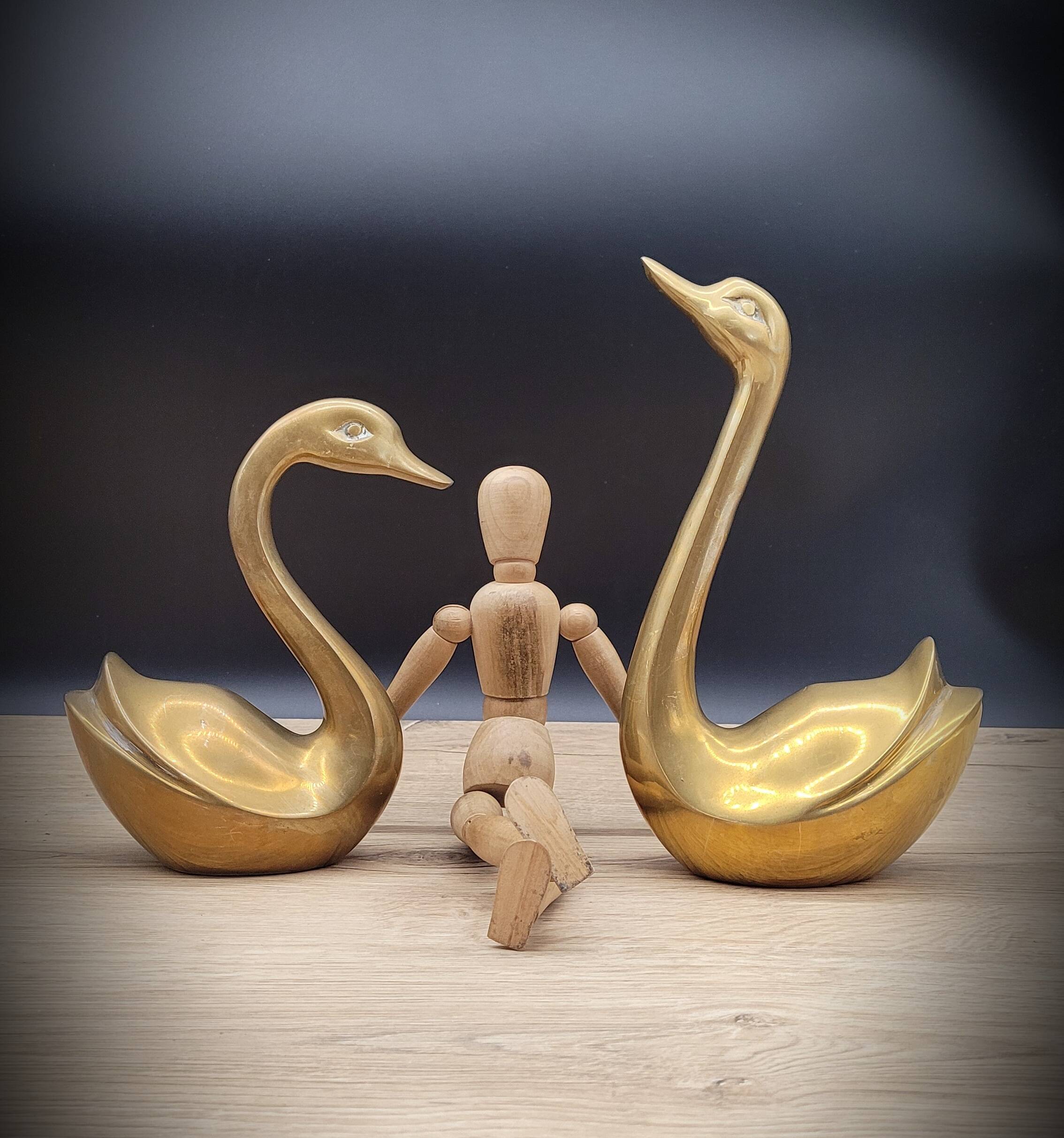 Pair brass swans