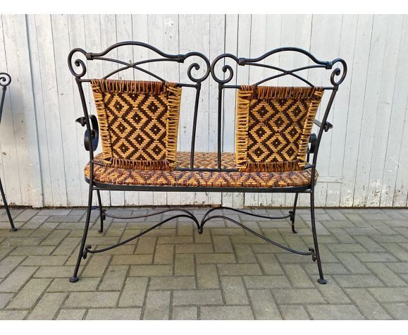 Set of vintage garden furniture sofa wrought iron and wicker, chairs & coffee table vintage 1980