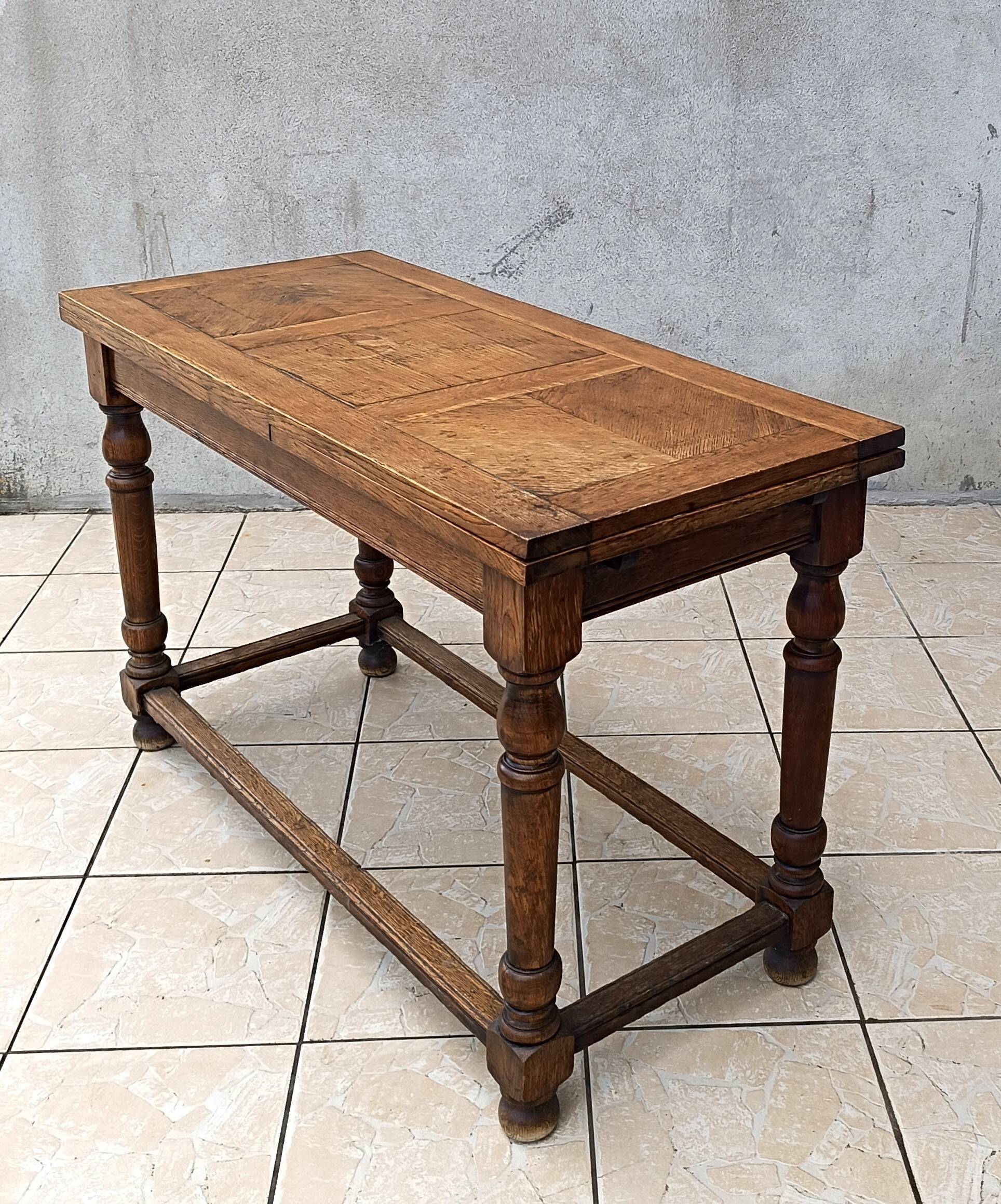 Table console rustique à rallonges en chêne début 20ème