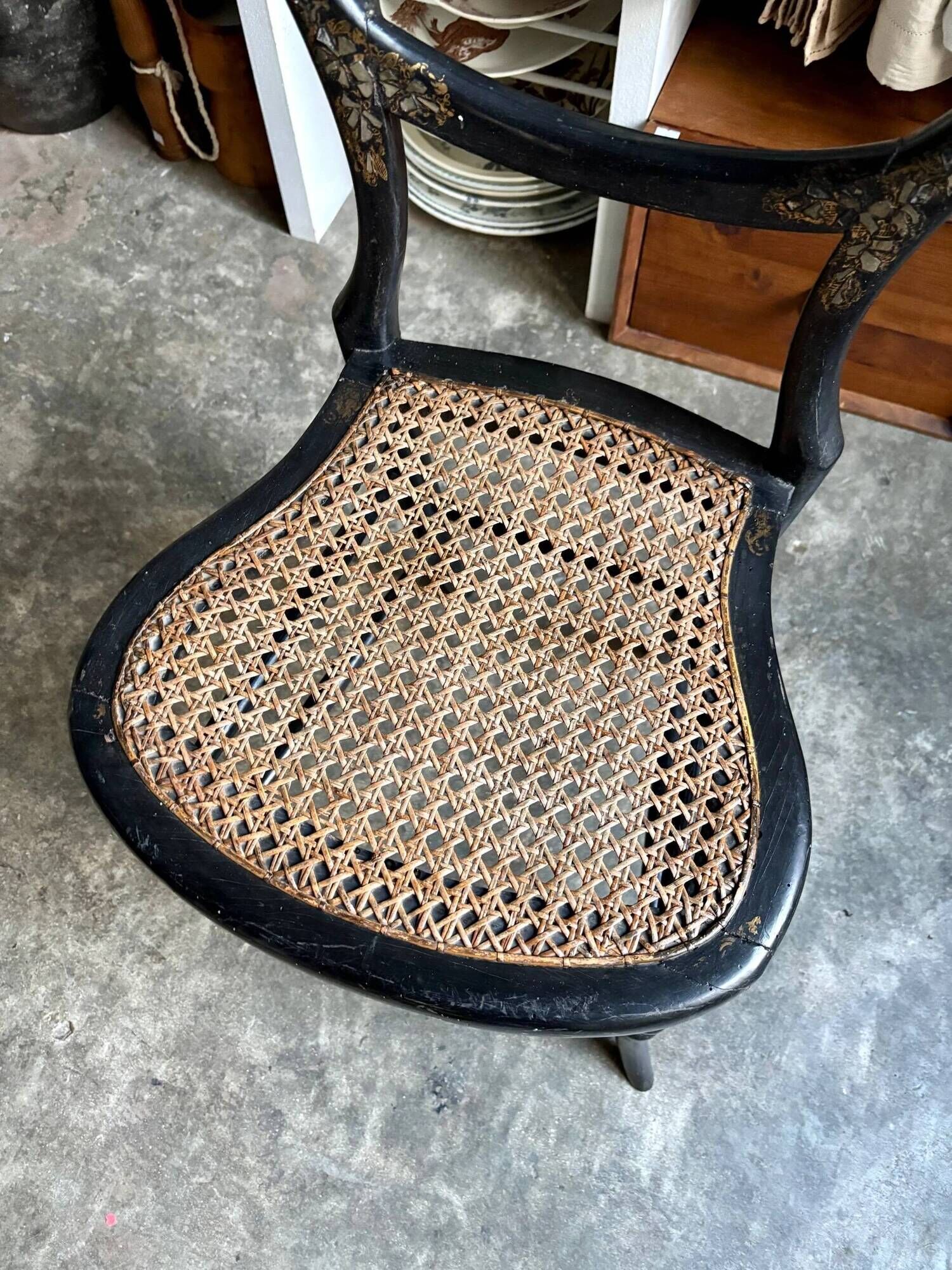 Napoleon III chair in black wood, mother-of-pearl and caning no. 1