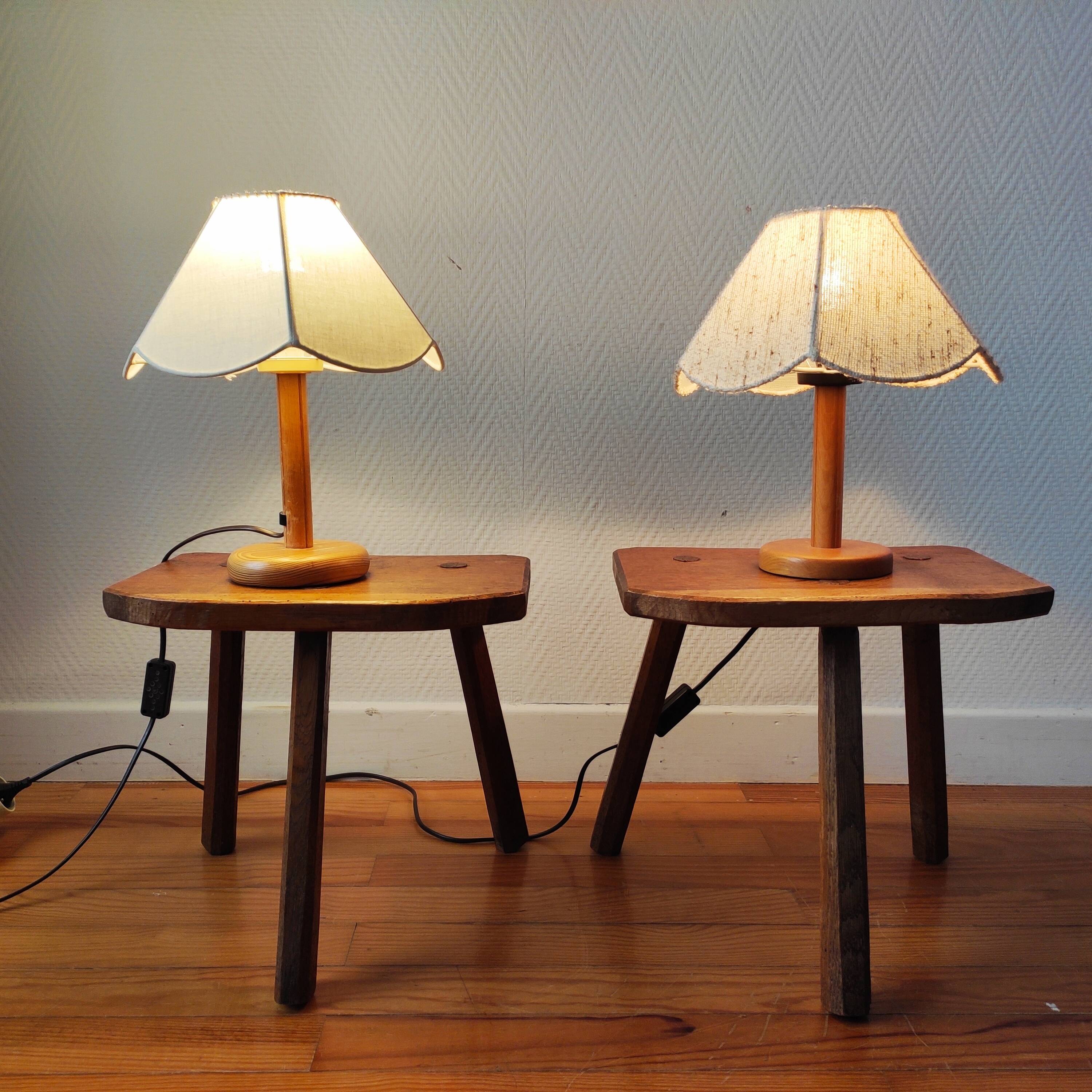 Pair of brutalist tripod stools in solid wood.