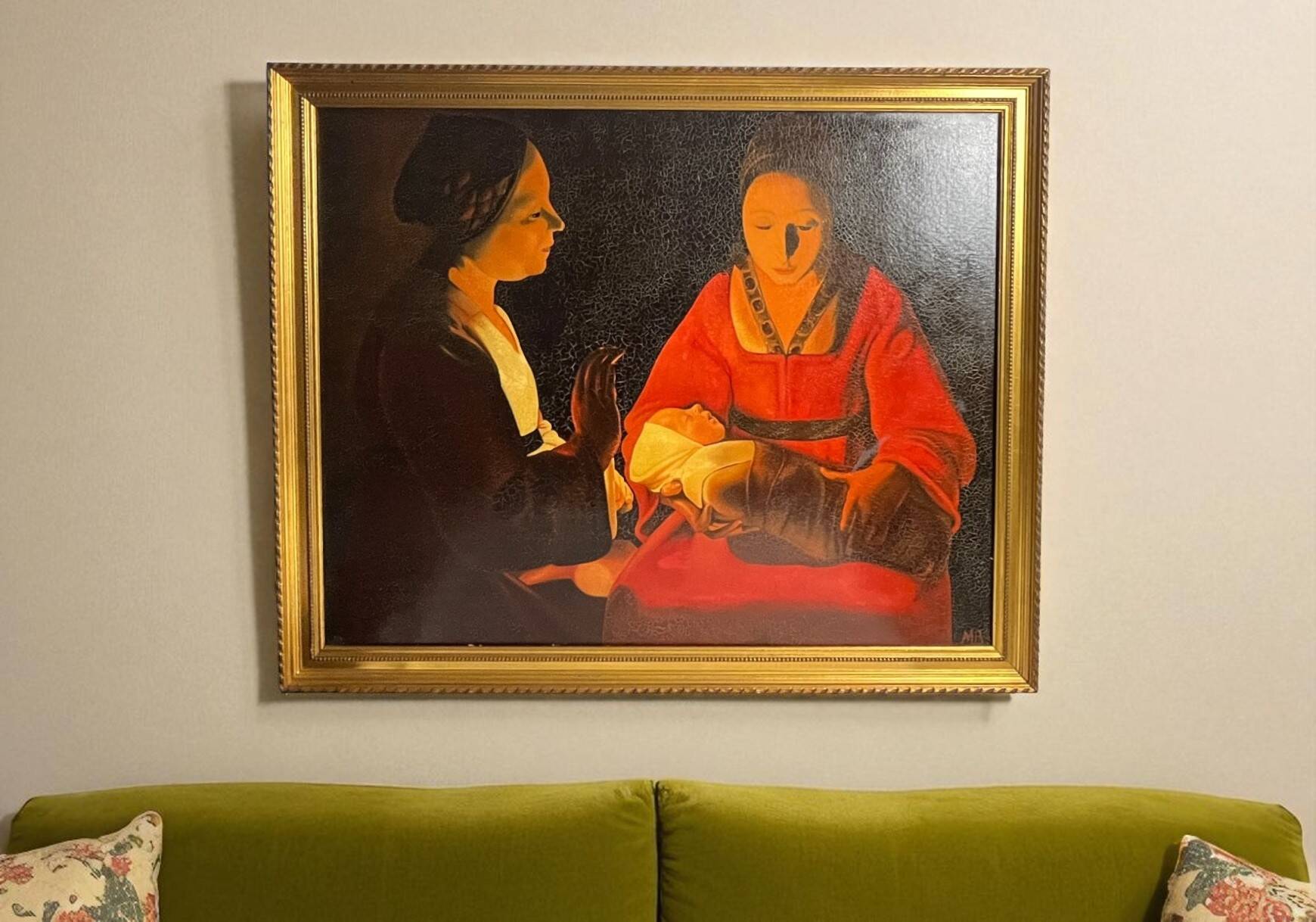 De la Tour, HST reproduction The Newborn gilded frame 20th century