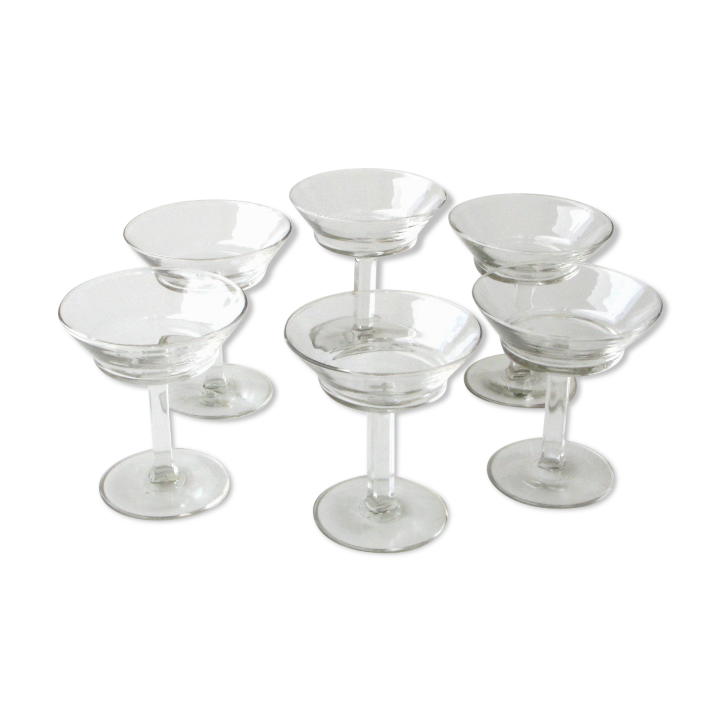 6 old champagne glasses vintage model glass square feet design