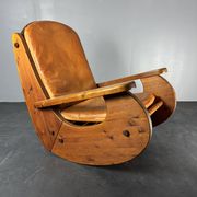 Brutalist pine rocking lounge chair with leather seat by Wasa 1984