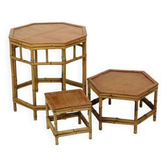 3 tables d'appoint vintage en bambou et rotin