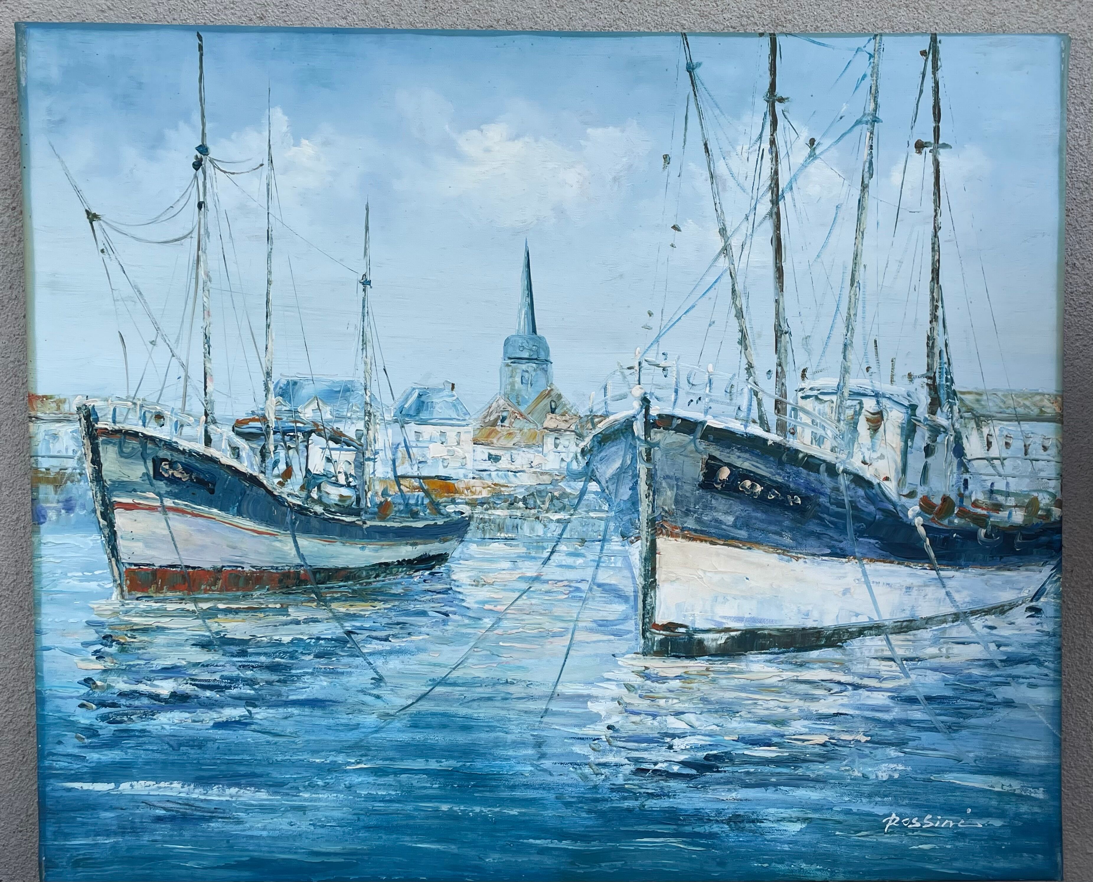 Marine, oil on canvas "Bâteaux les sables d'Olonne" signed Rossini