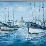 Marine, oil on canvas "Bâteaux les sables d'Olonne" signed Rossini