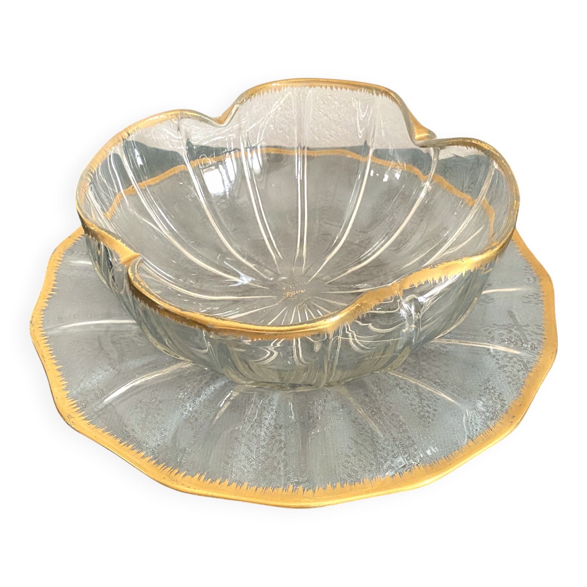 Daum Nancy Crystal cup and tray service, Ducal model, gold combed