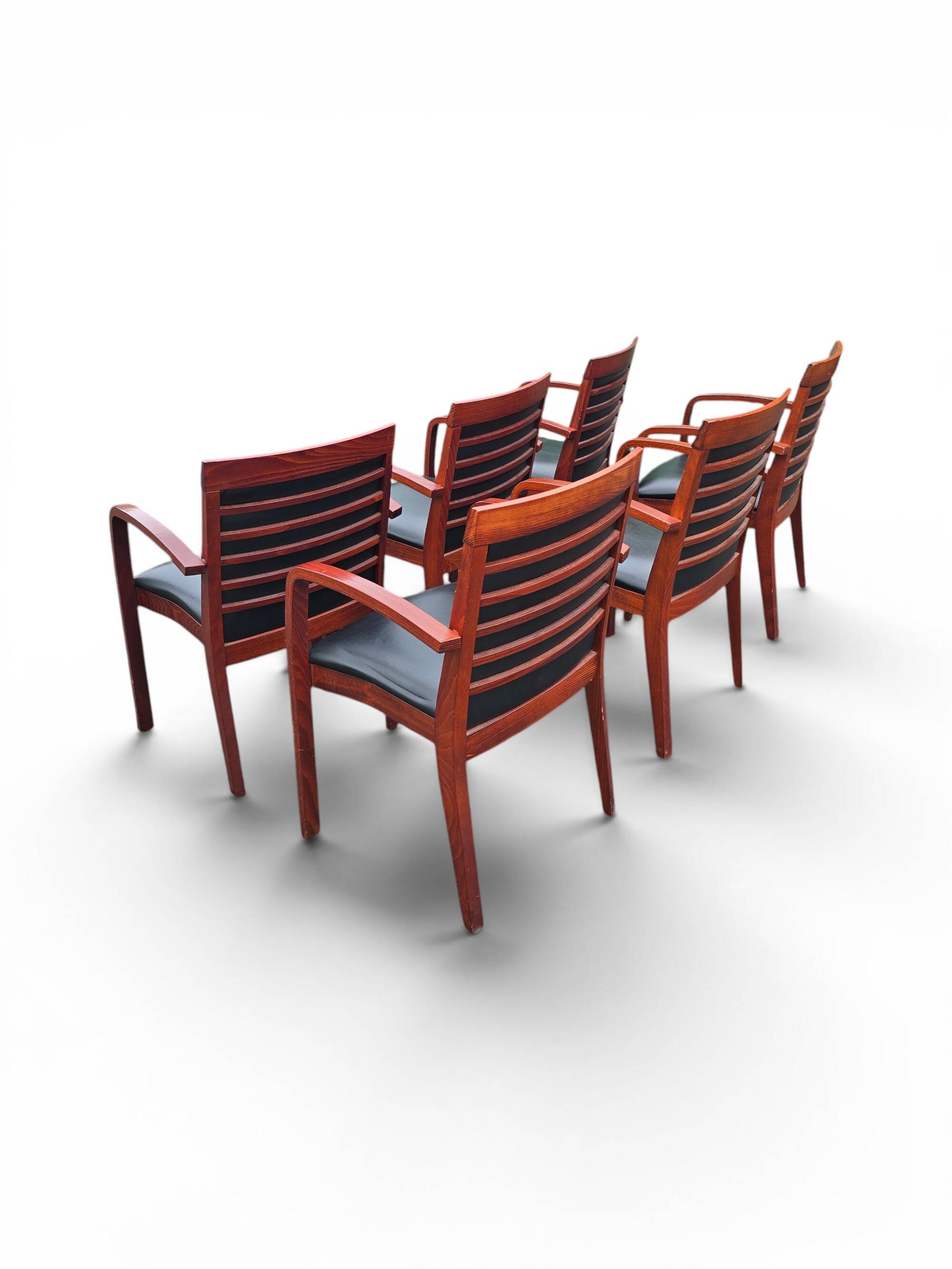 6 contemporary bridge chairs in mahogany wood and black leather