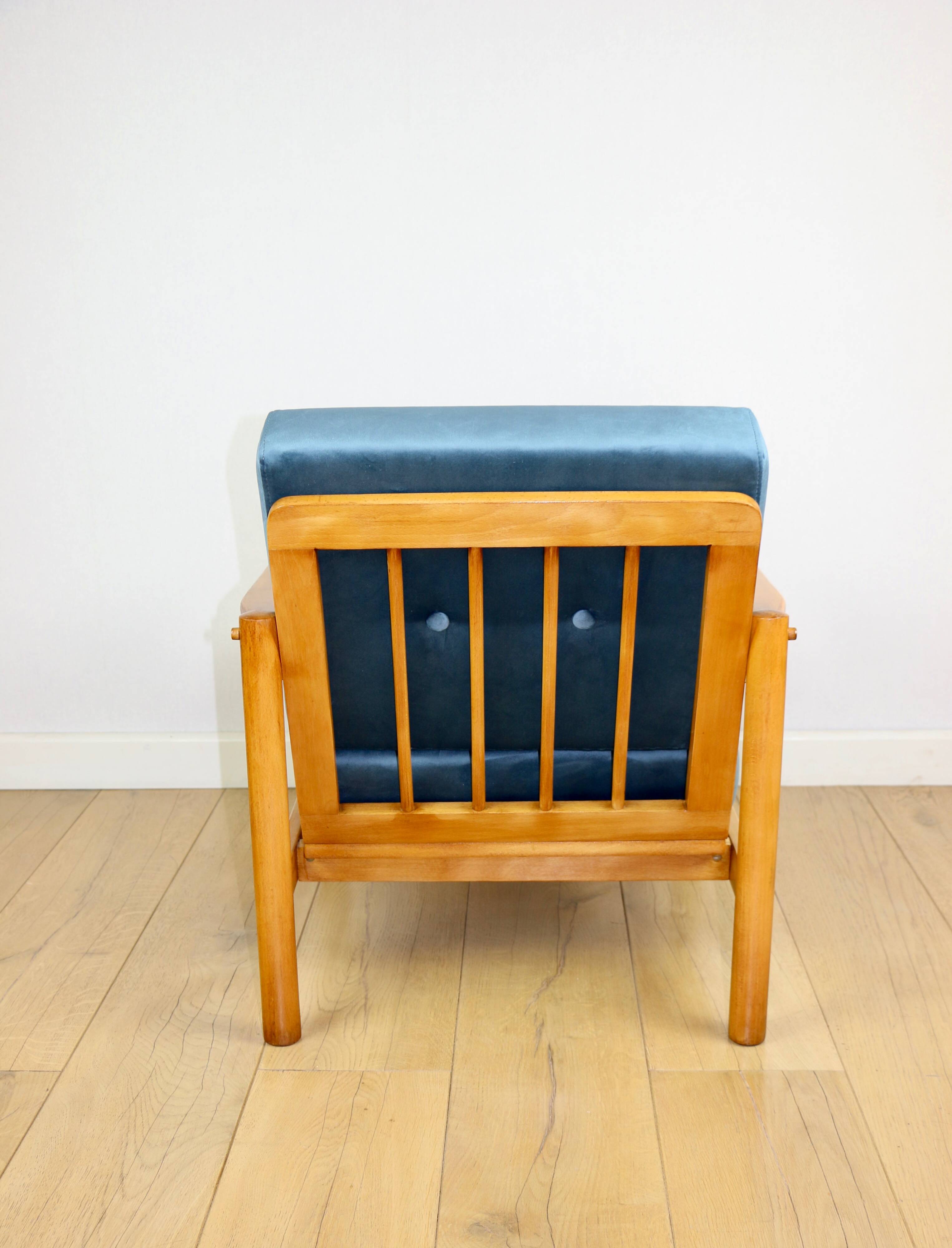 Wooden vintage armchair brown sea blue design by Z. Bączyk - light wood