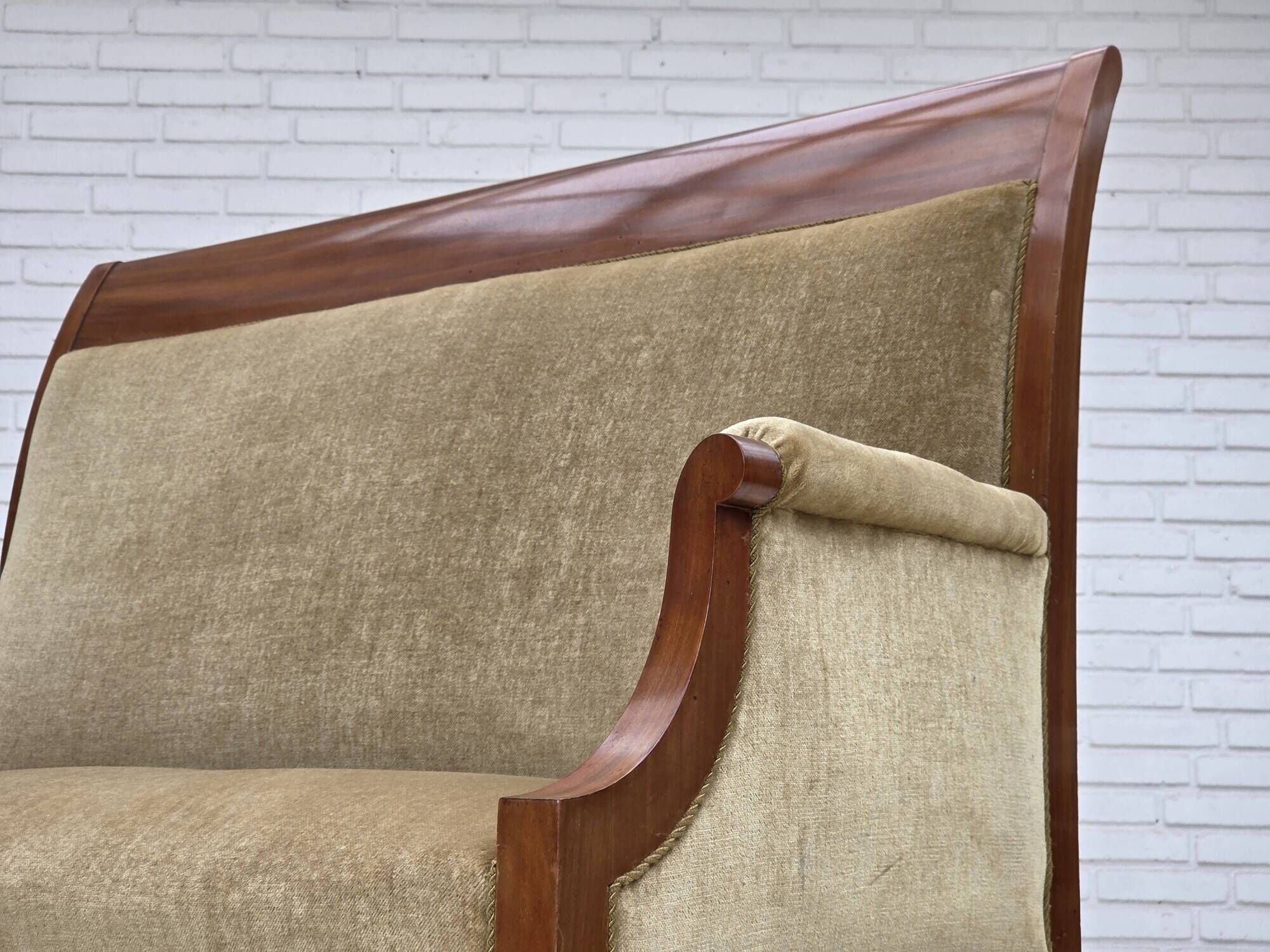 1950s, 2 seater Danish highback sofa, furniture velour, laqered teak wood.