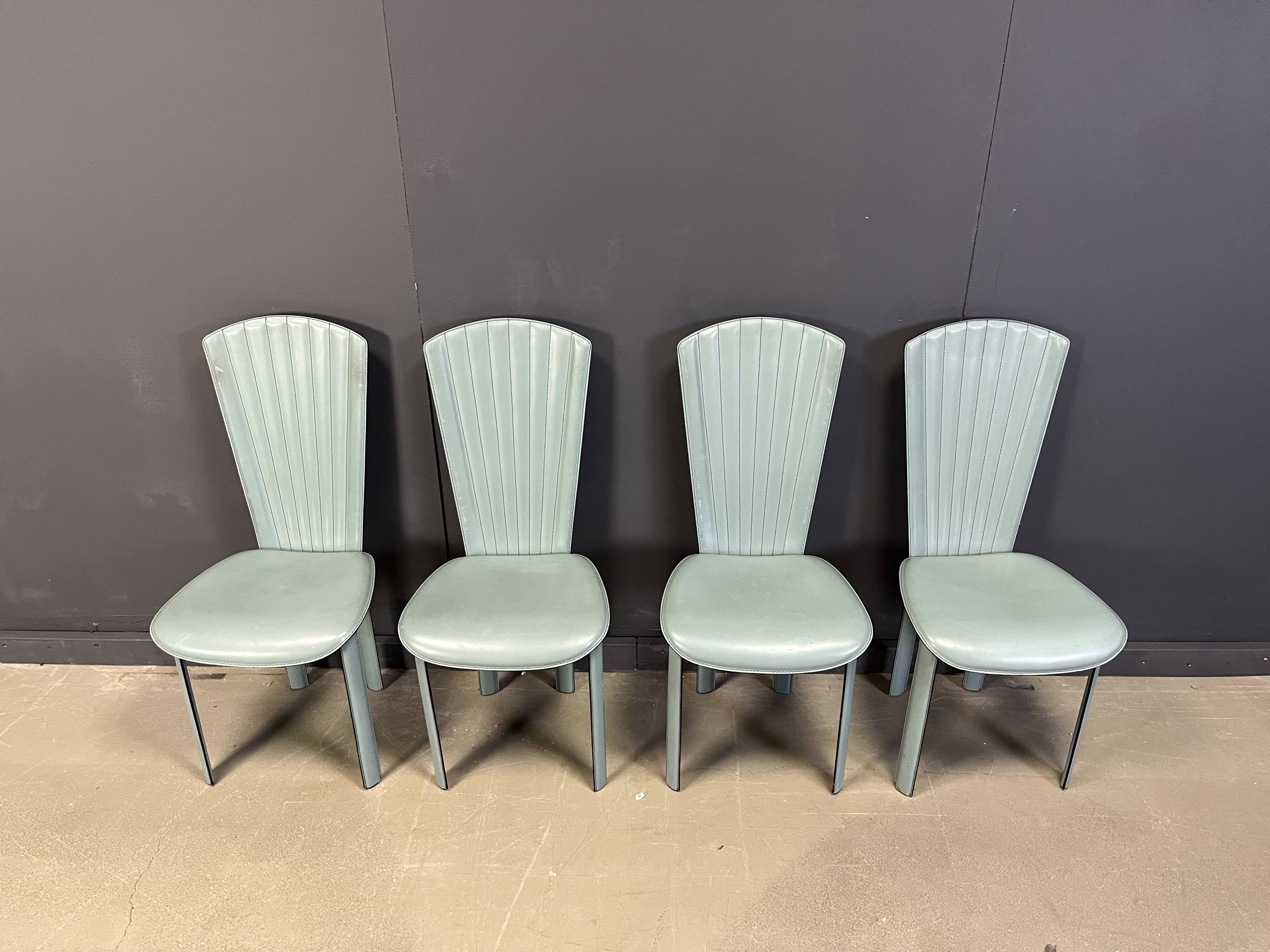 Postmodern green leather dining chairs, 1980s