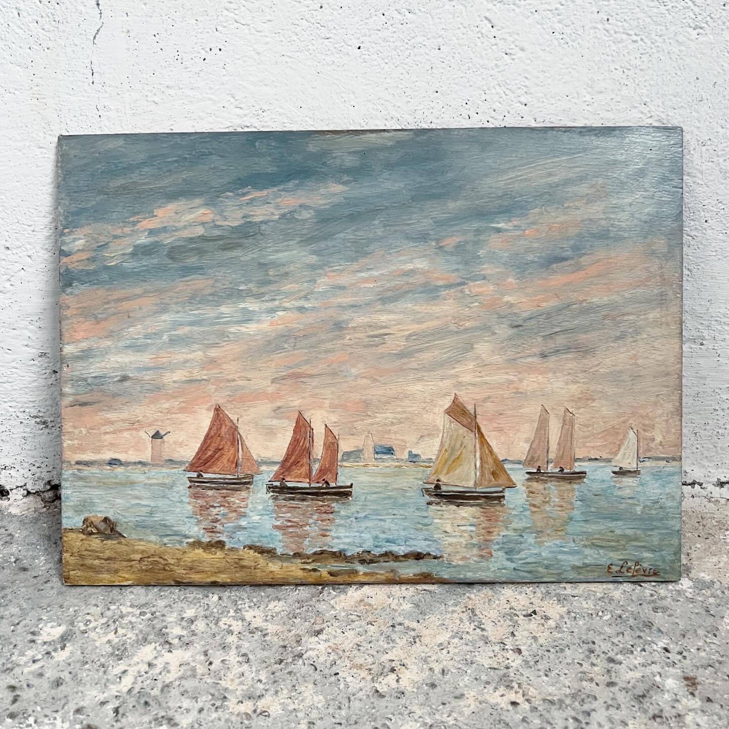 Old marine painting seaside mill Brittany