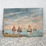 Ancienne peinture marine bord de mer moulin Bretagne