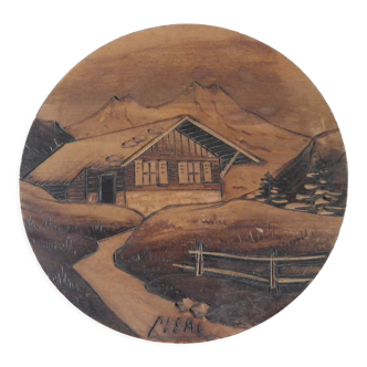 Turned and carved wooden box with mountain landscape decoration signed Cleal