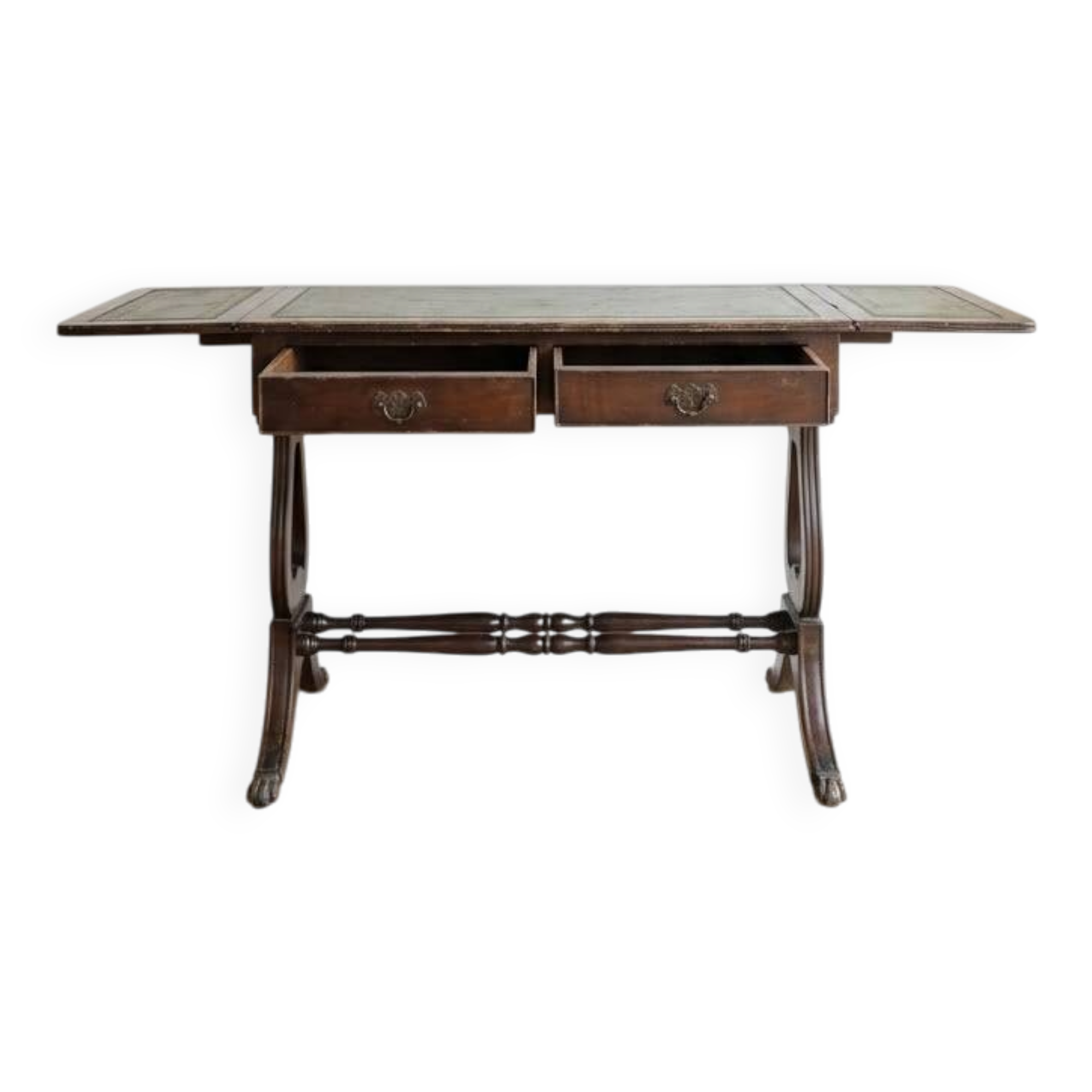 Napoleon III side table or desk in wood and green leather.