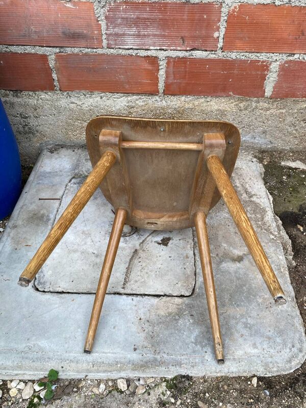 Chaise ancienne baumann western bois + assise skaï marron vintage