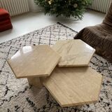Set of 3 hexagonal coffee tables in 70s travertine