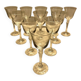Set of 11 antique engraved crystal water glasses – Faceted stem –