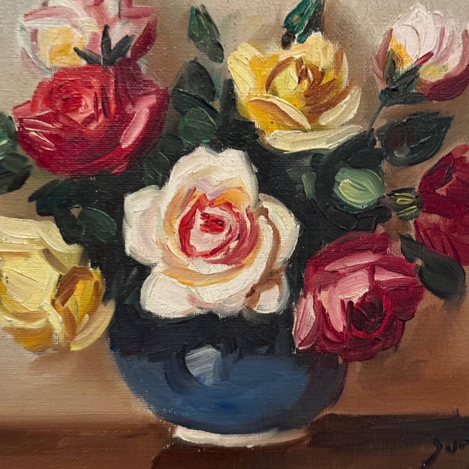 Oil on canvas still life with roses 20th century by Surgeon, whitewashed frame