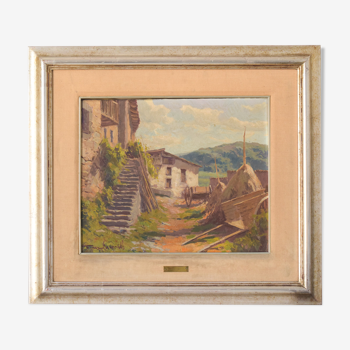 Farmyard scene with mountains and cart
