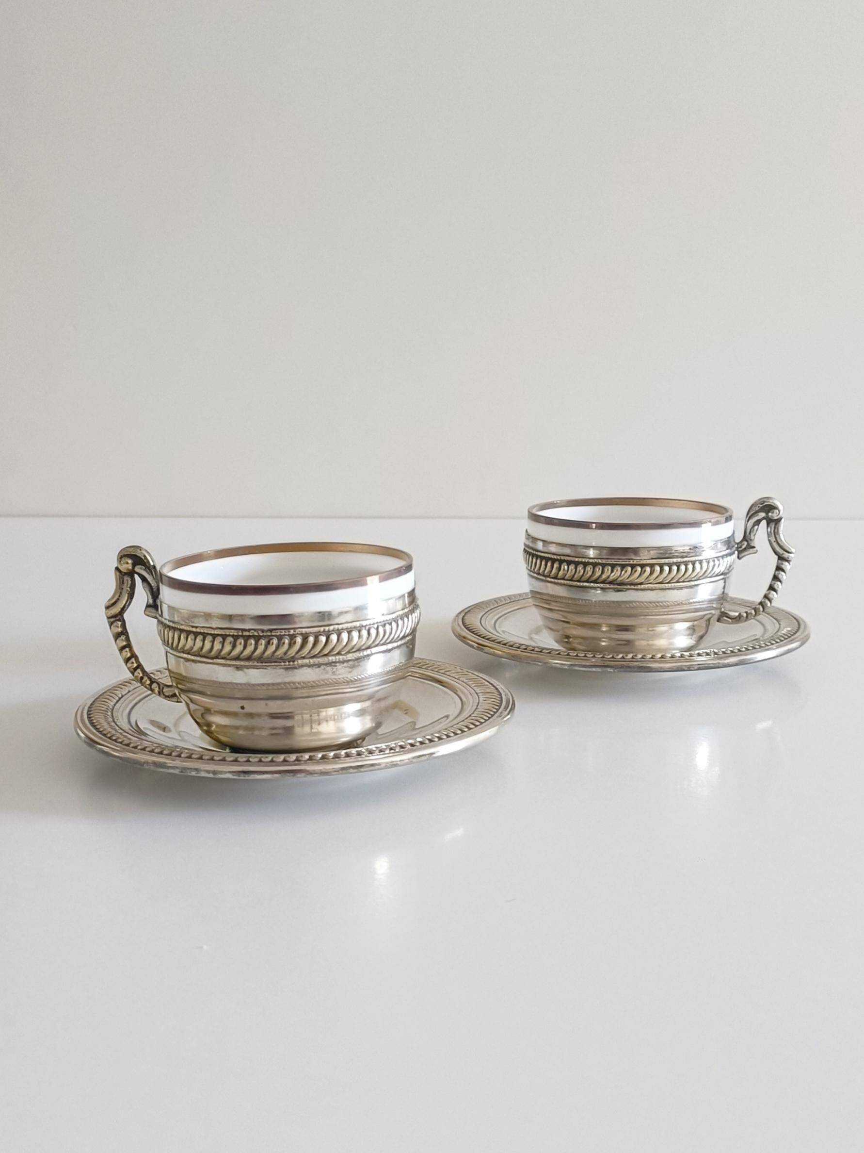 Victorian Alpaca Silver Tea or Coffee Pair of Cups and Plates, England 19th C.