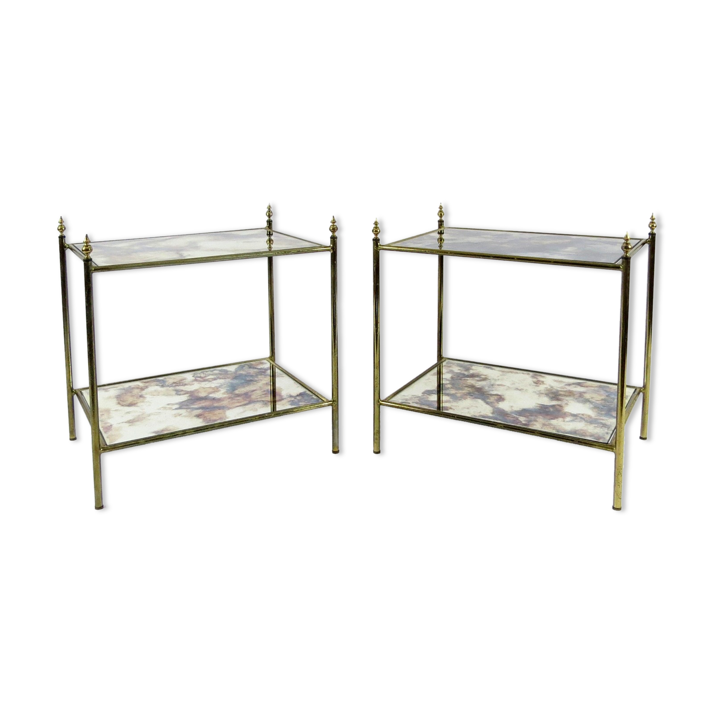 Set of 2 French brass and mirror side tables, 1970s