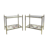 Set of 2 French brass and mirror side tables, 1970s