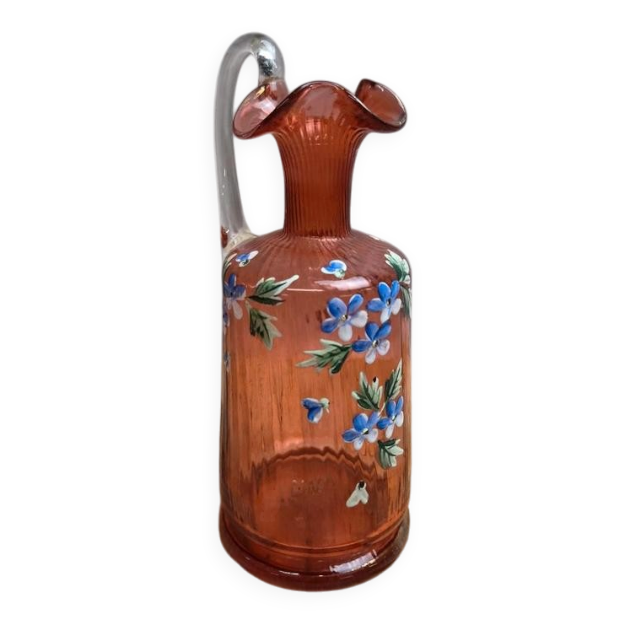 Antique blown glass bottle in pink with hand-painted floral decoration.