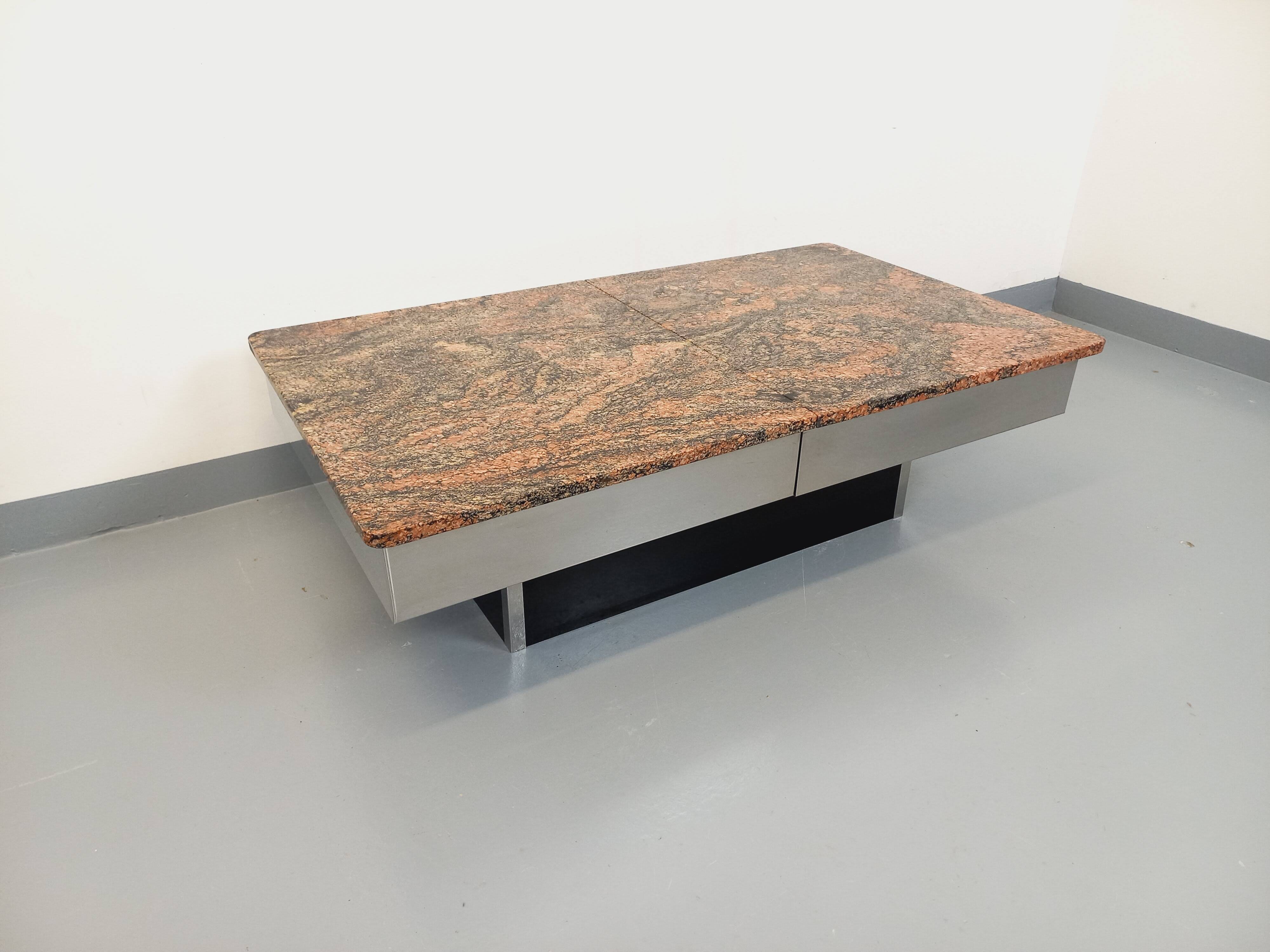 Vintage granite, chrome metal and black melamine coffee table with bar