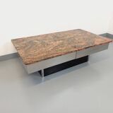 Vintage granite, chrome metal and black melamine coffee table with bar