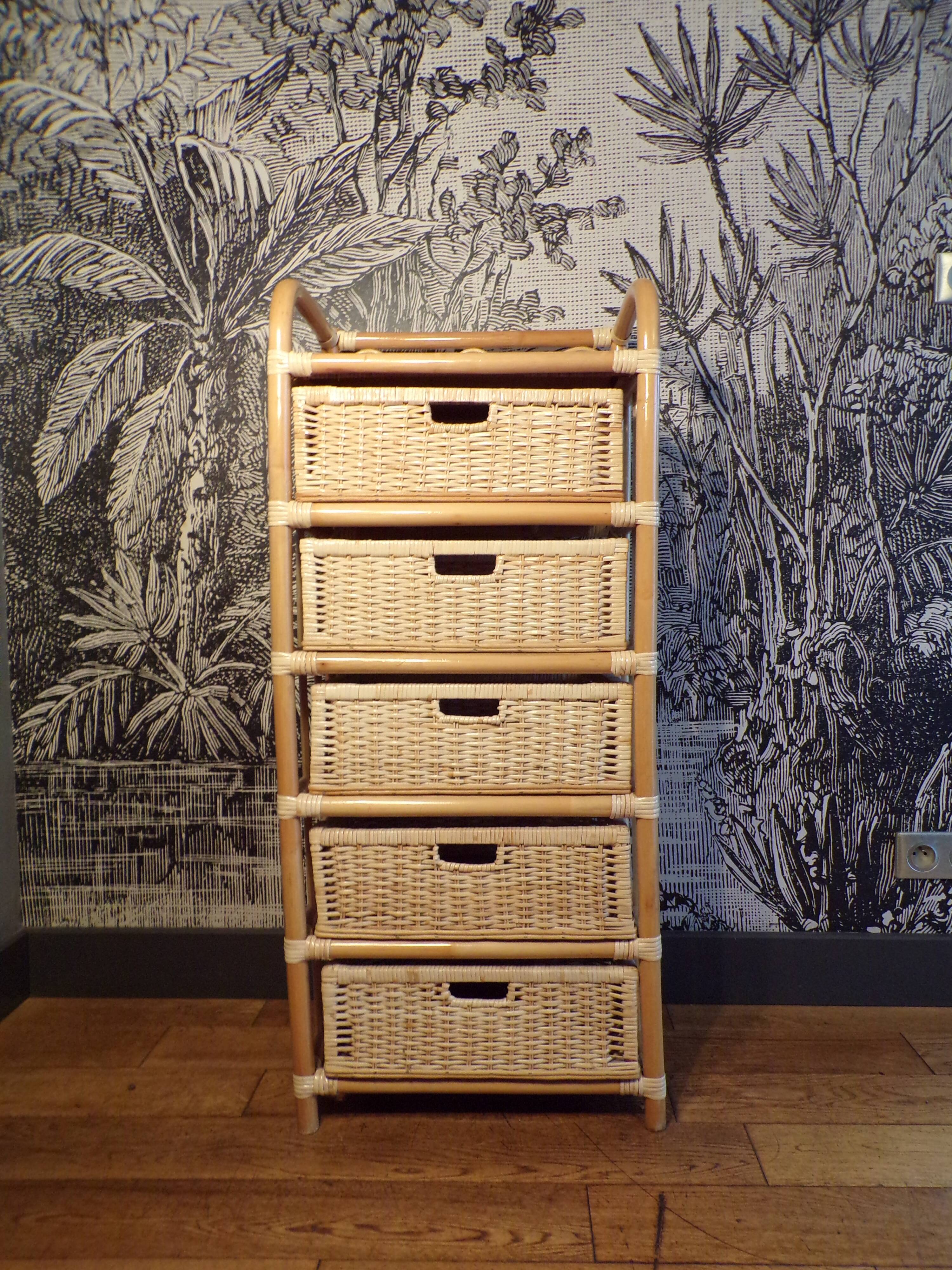 Commode vintage 5 tiroirs en rotin